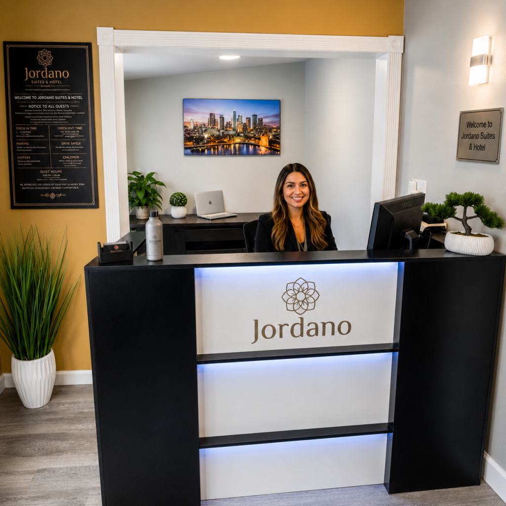 Newly renovated hotel lobby interior at Jordano Suites & Motel in Littlerock, CA.