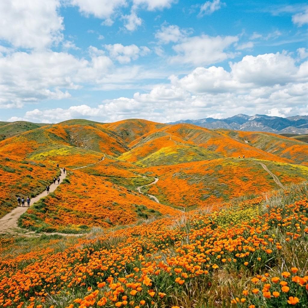 Vibrant California poppies blooming in the Antelope Valley near our affordable motel in Littlerock, California.