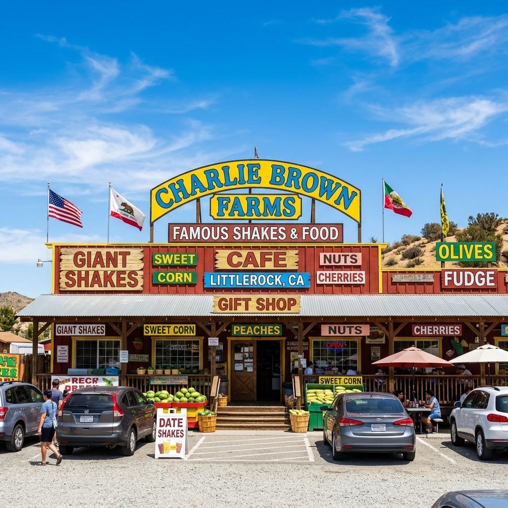 The colorful storefront of Charlie Brown Farms, a popular roadside attraction and gift shop near Littlerock, California.